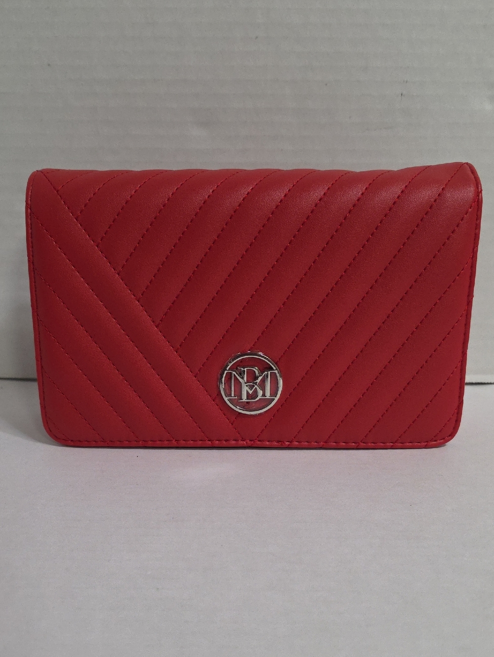 Badgley Mischka Red Vegan Leather Crossbody Clutch with Silver Logo *NWT*